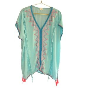 Surf Gypsy Cover Up‎ Tunic Embroidered Swim Beach Resort Bohemian Teal Pink Med